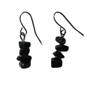 Dainty Stone Chip Dangle Earrings Black Pierced‎ Goth Bohemian Silver Tone Fairy